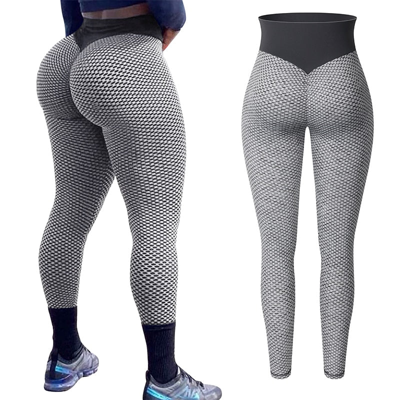 High Waist Grid Leggings Women Seamless Fitness Legging  Push Up Booty Leggins Workout Ruched Butt Lifting Slim Stretch Panties