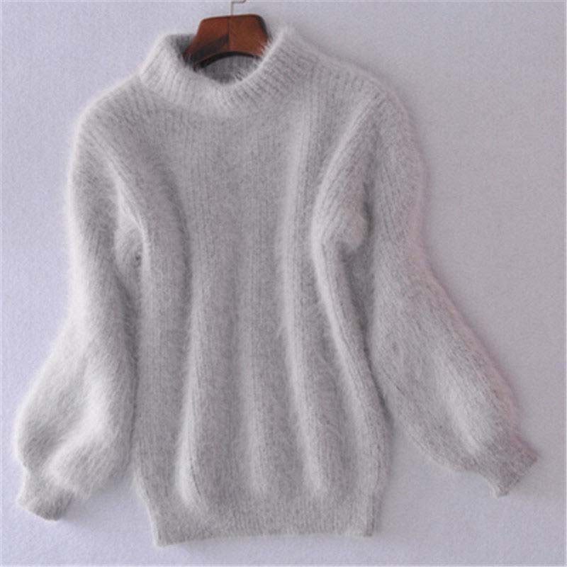 White Mohair Thicken Turtleneck Sweater Autumn Winter Sweet Fashion Lantern Sleeve Casual Solid Color Pullover pull femme